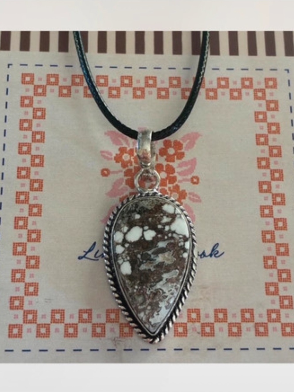 925 Silver Wild Horse Jasper Gemstone Vintage STYLE Cord Necklace